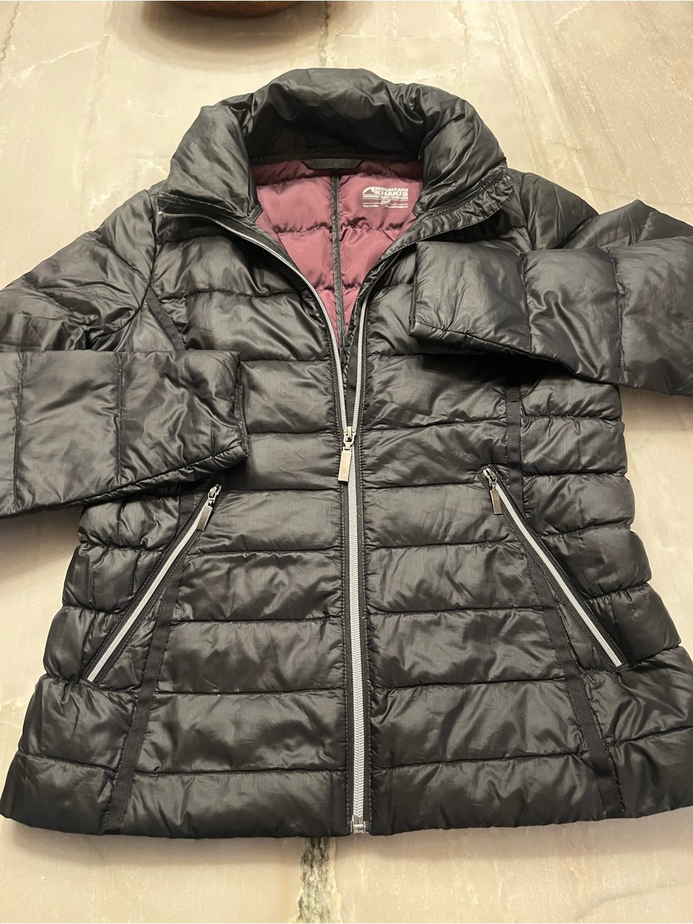 Mountain Khakis women’s Black Puffer Jacket with Burgundy Lining down 80%